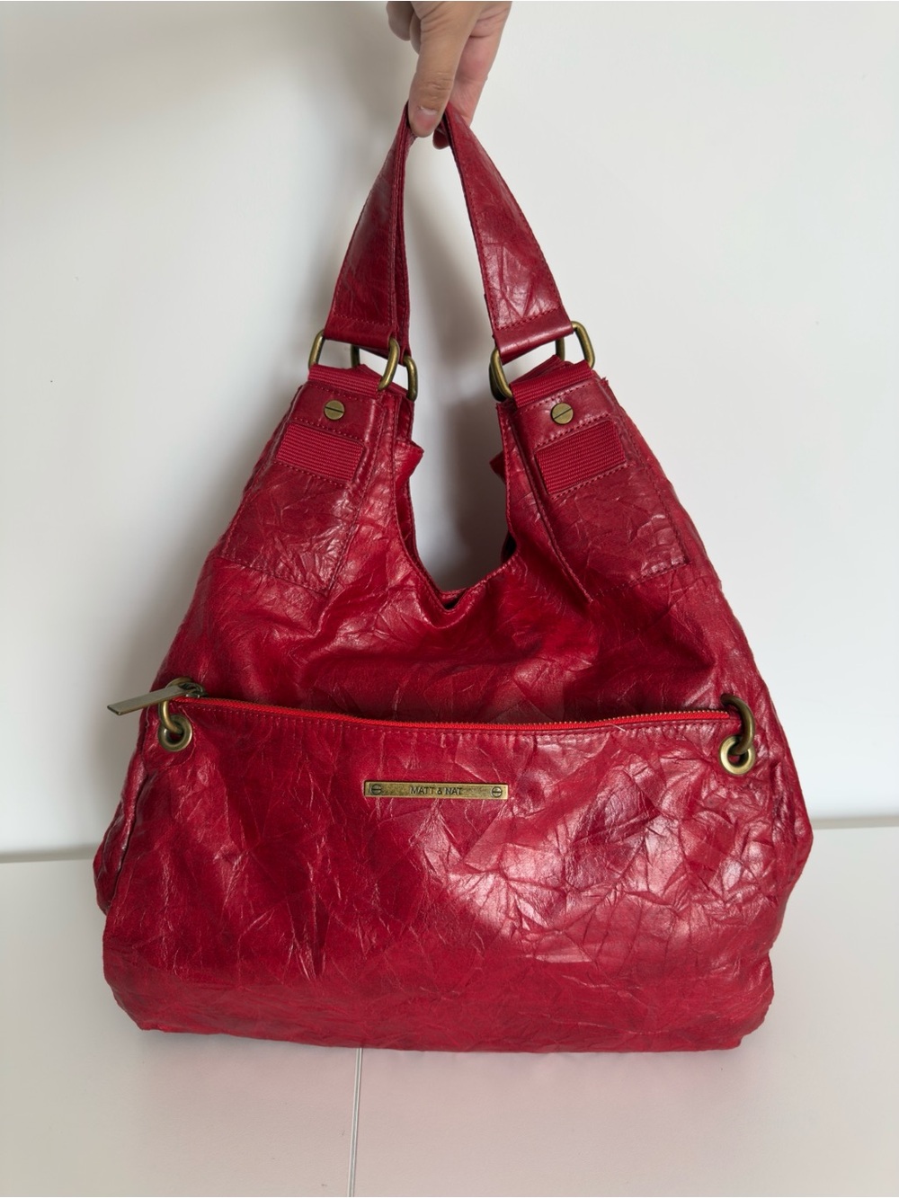 Matt & Nat Red Crinkle Faux Leather Shoulder Hobo Bag